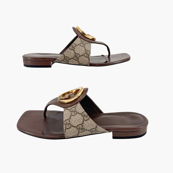 Gucci Blondie GG Flat Thong Sandals Beige Monogram Leather Size 37 US 7 Women - Picture 8 of 15
